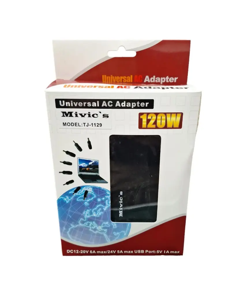 TJ1129 ADAPTADOR UNIVERSAL PARA LAPTOP CON USB PORT. AC 110/240V DC:12/15/16/18/19/20V